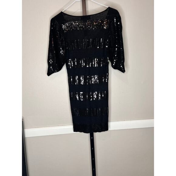 Express Black Sequin Embellished Striped V-Neck 3/4 Sleeve Y2K Style Mini Dress - Picture 3 of 8